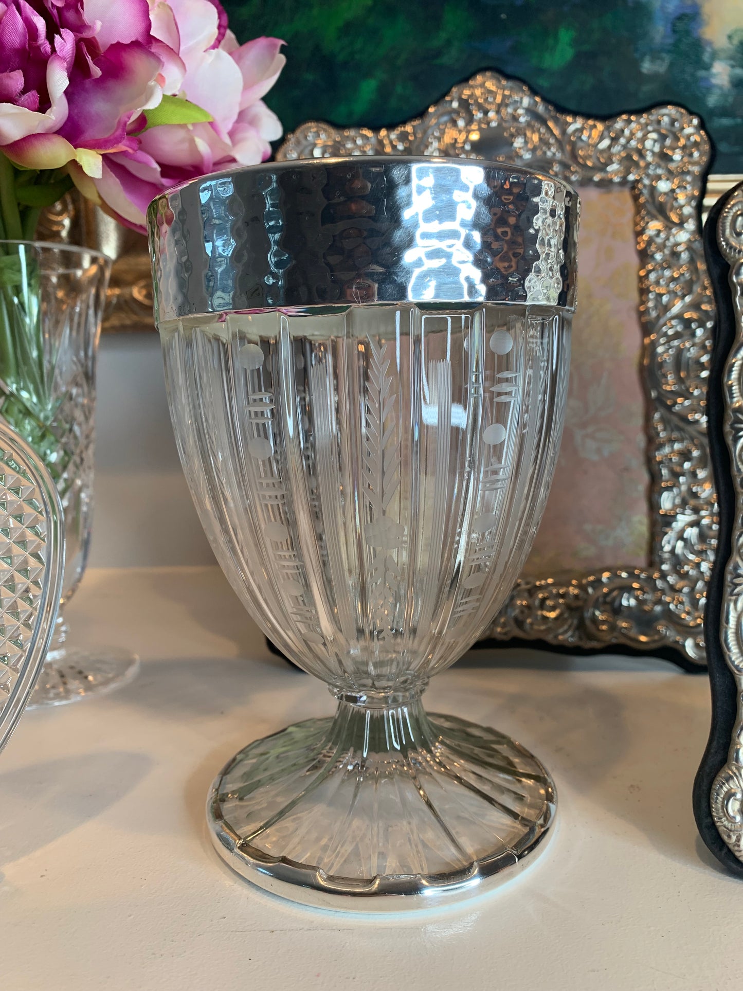 Hand Engraved Crystal vase with Sterling Mounted Rim and Base