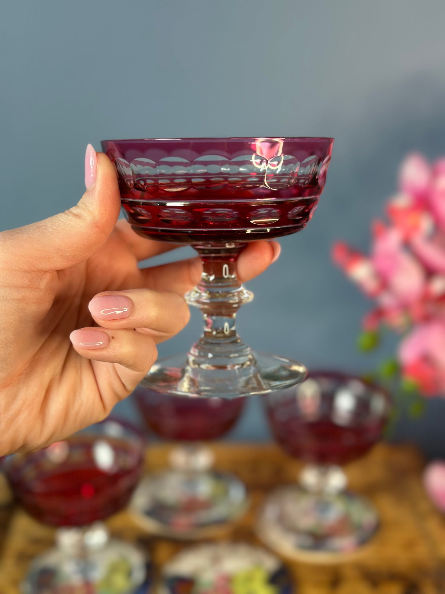 VAL ST. LAMBERT Set 10 "BLARNEY" CRANBERRY CUT-TO-CLEAR CRYSTAL PEDESTAL SHERBET