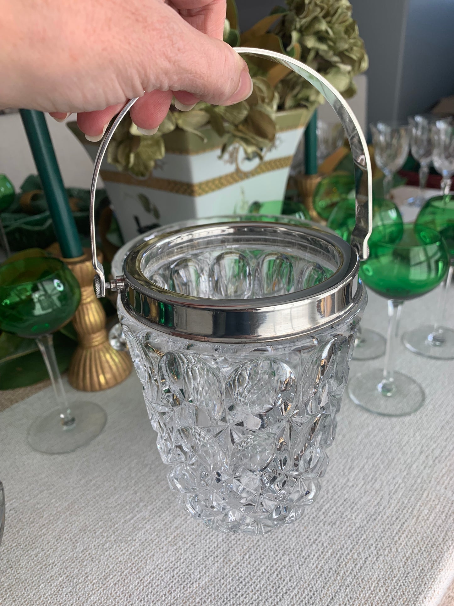 Small Heavy Crystal ice bucket with silverplate rim and handle