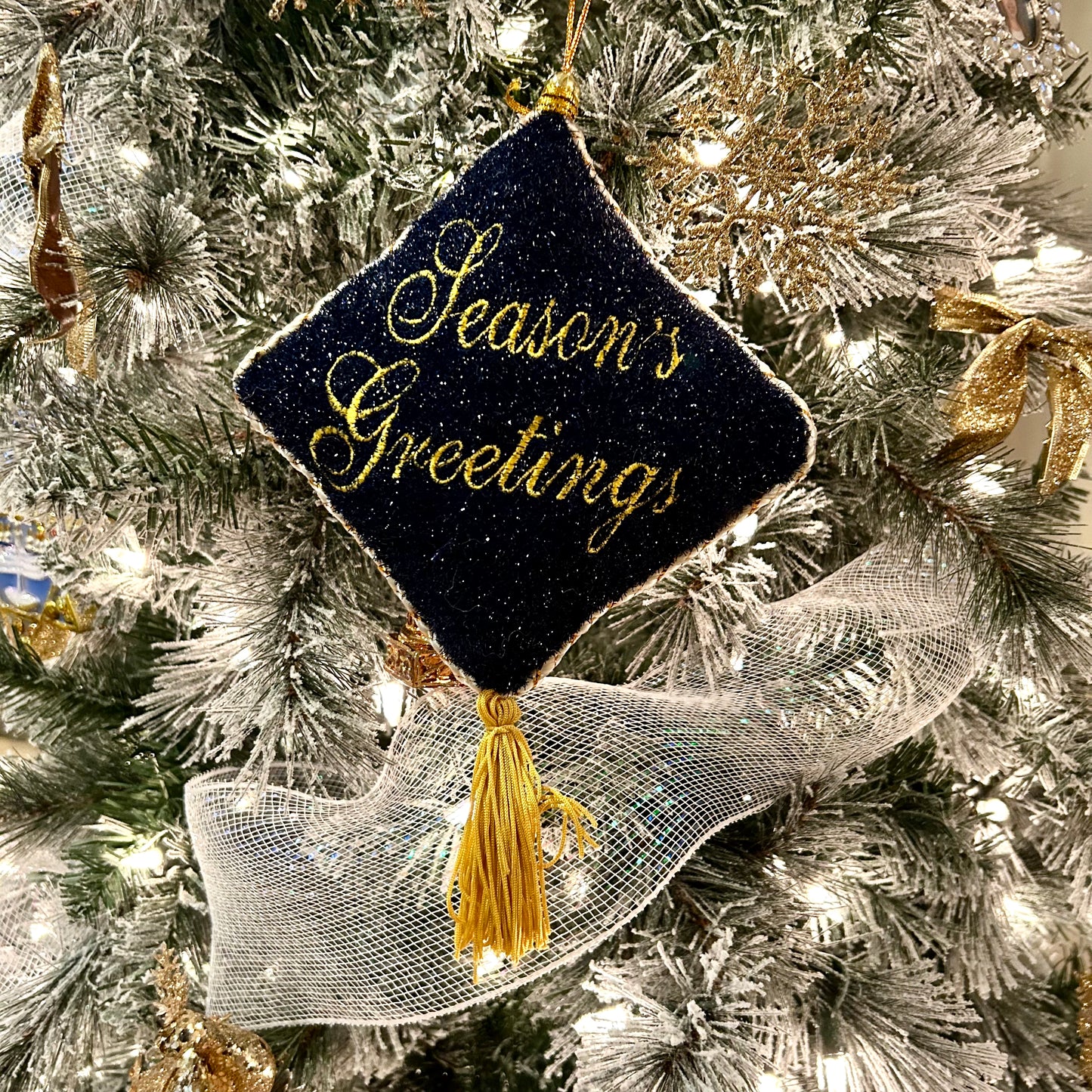 Sparkling blue & gold Seasons greetings tassel door hanger, or ornament