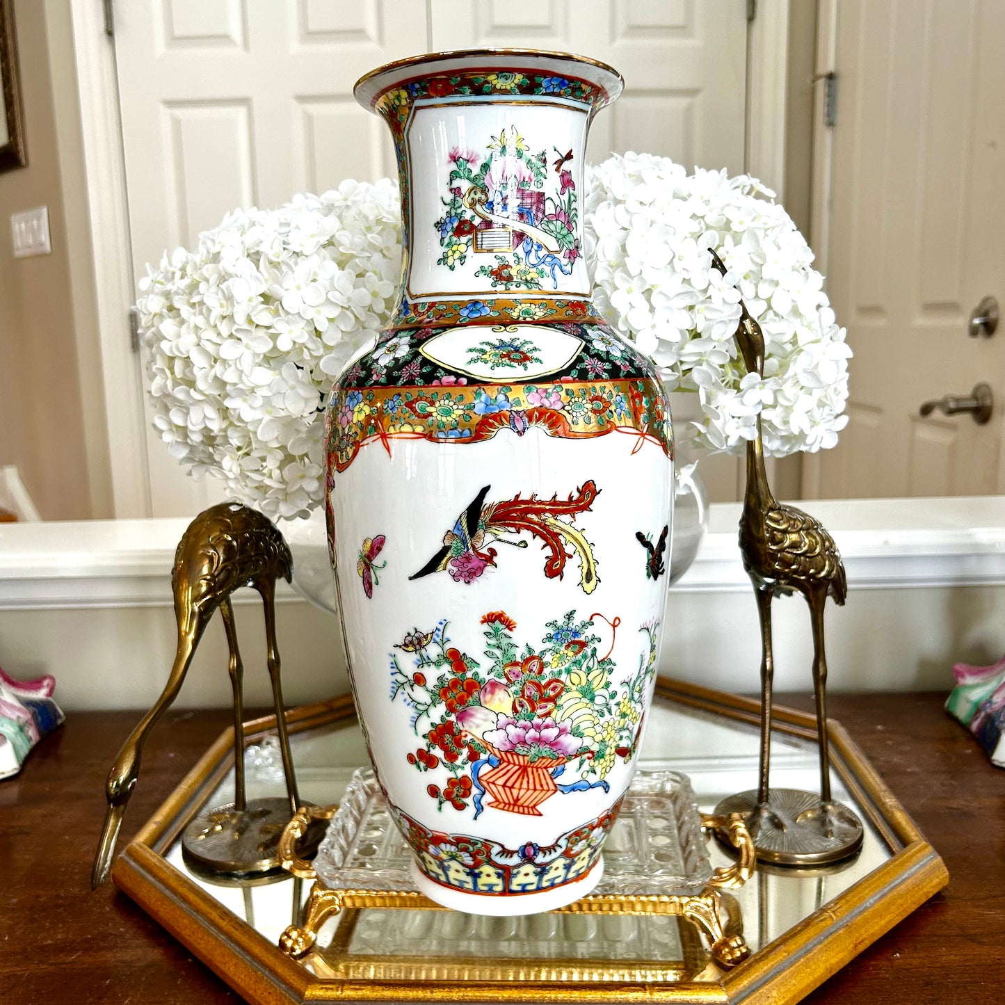 Statuesque Vintage Rose Famille chinoiserie vase 14 in hi