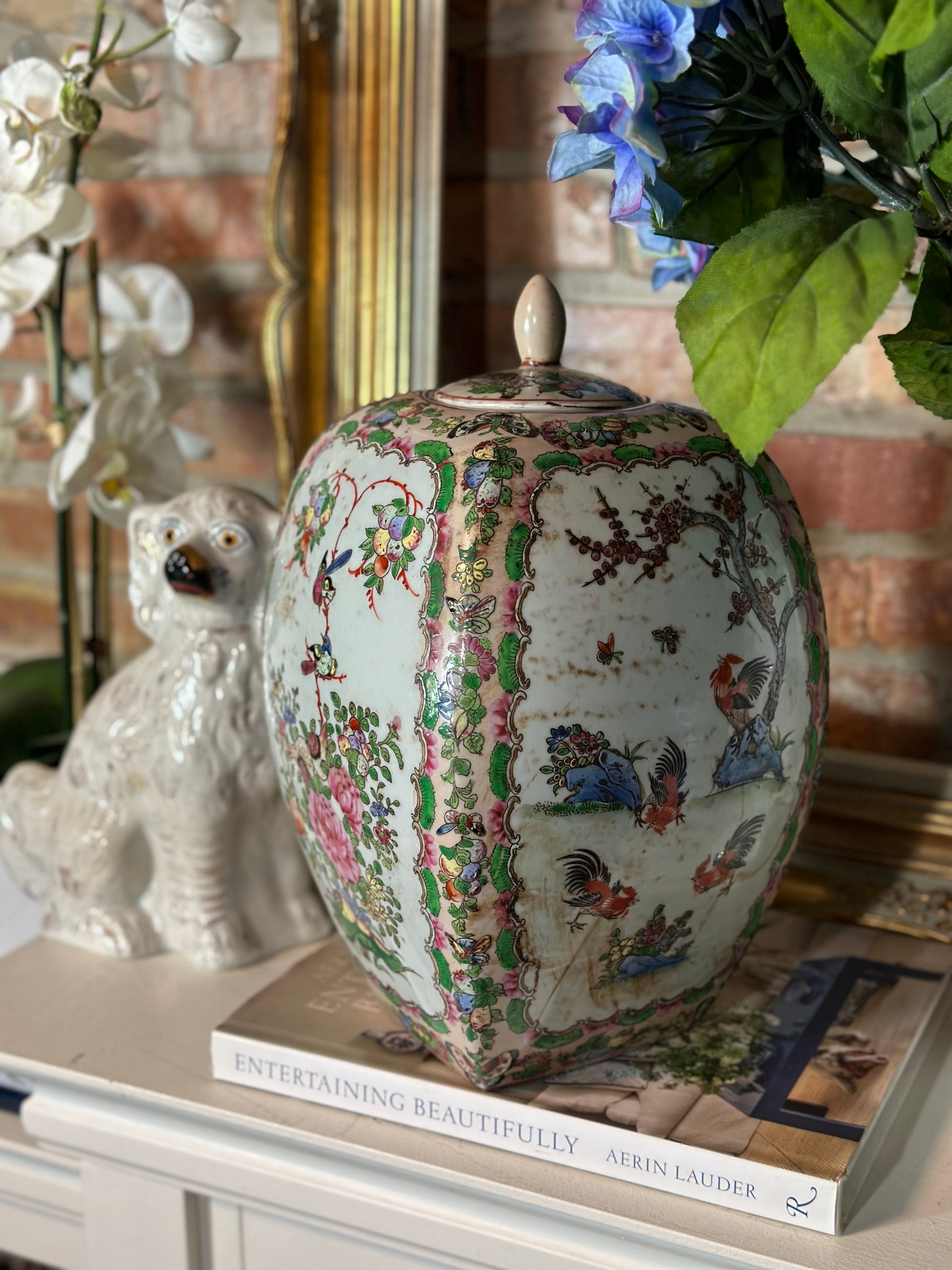 Vintage Rose Medallion Large Ginger Jar, 13” Tall - Pristine