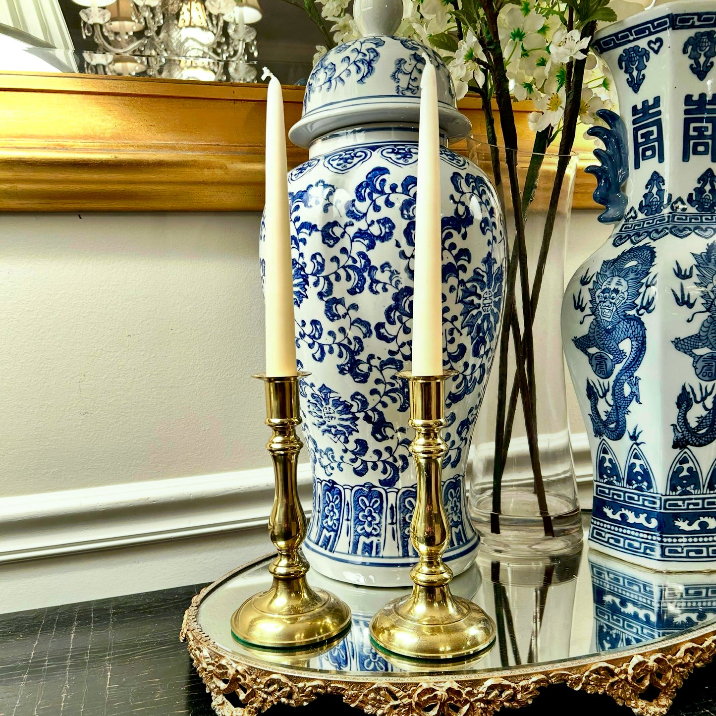 Pair of shiny brass 7 in vintage candlestick holders