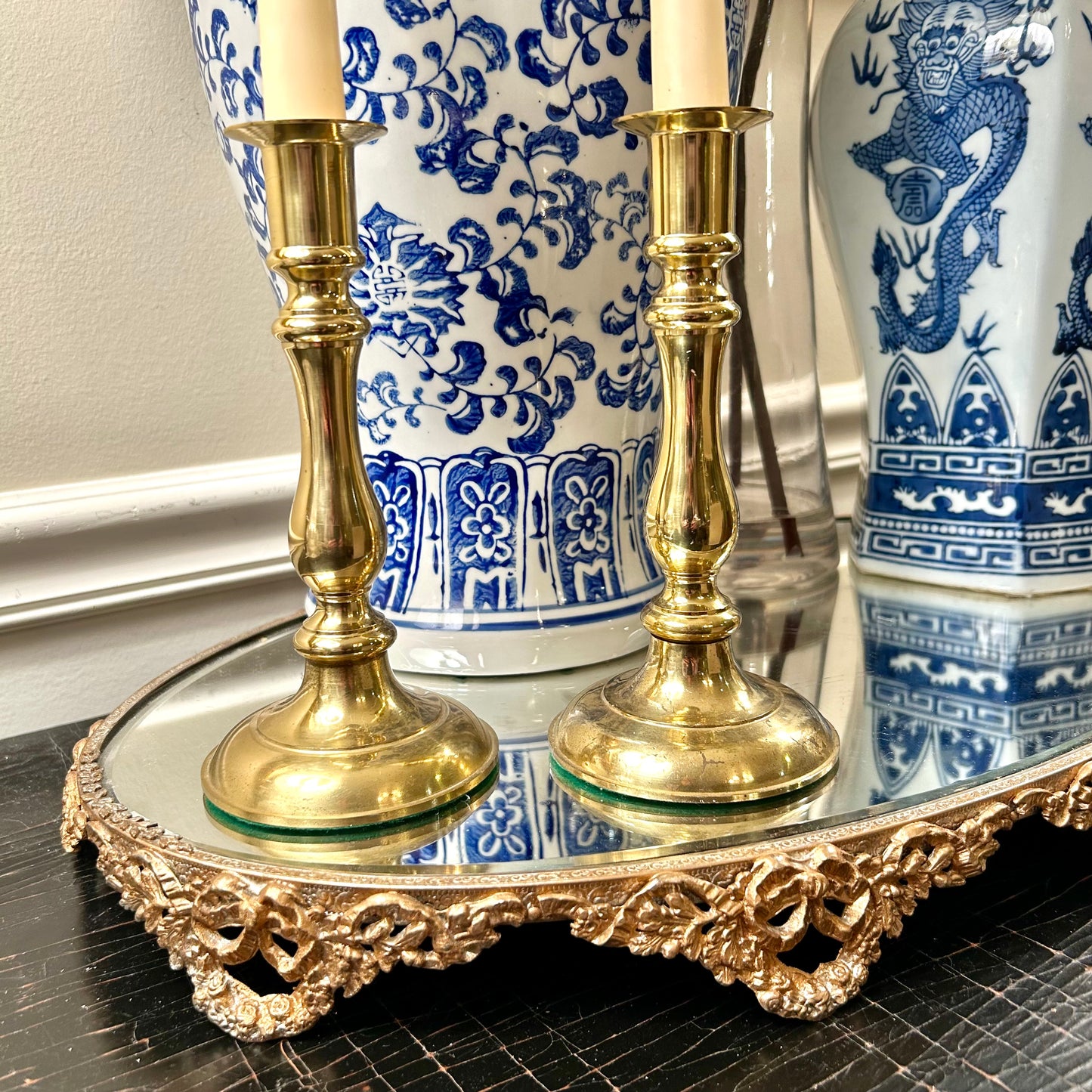 Pair of shiny brass 7 in vintage candlestick holders