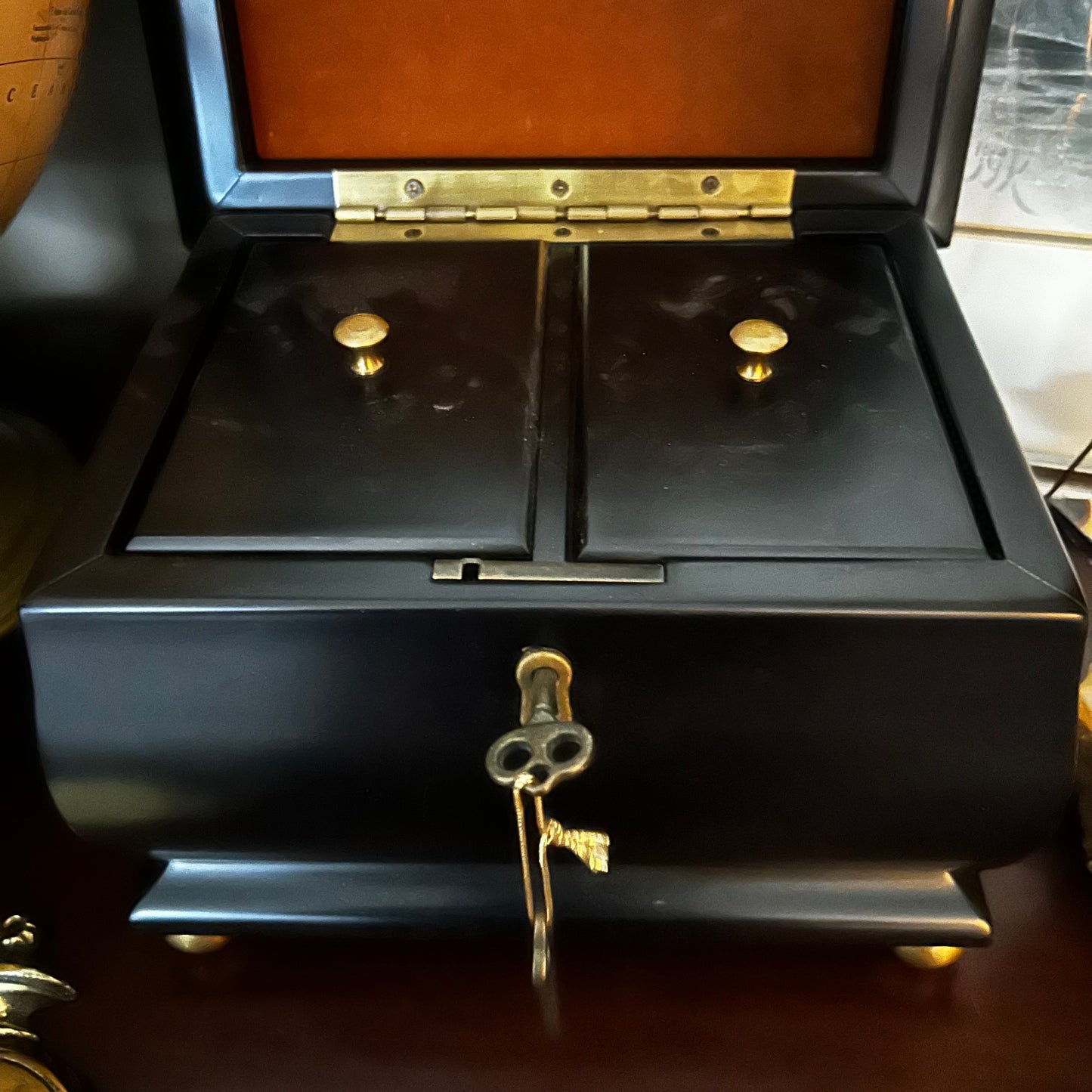 Warm expresso wood lidded box with gold ball feet and 2 special keys