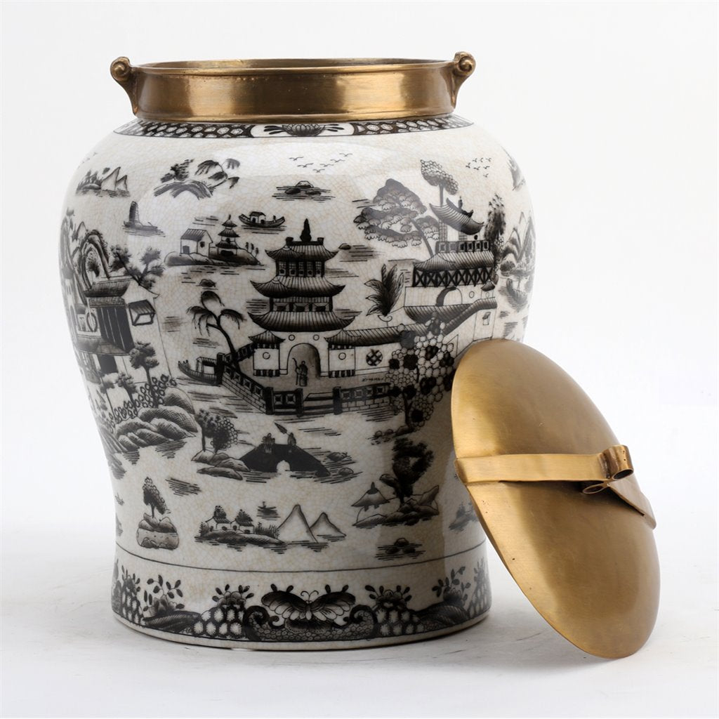 13” Tall Black/White Porcelain Pagoda Jar W/ Bronze Lid