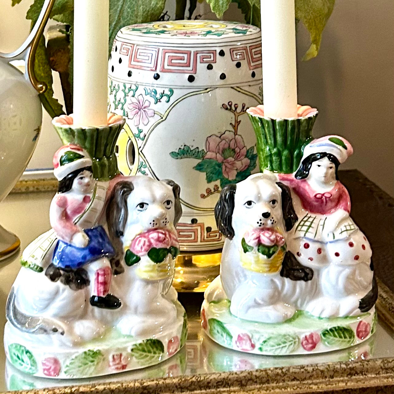 Set of two delightful young lady and gentleman with their Staffordshire dogs pups candle holders