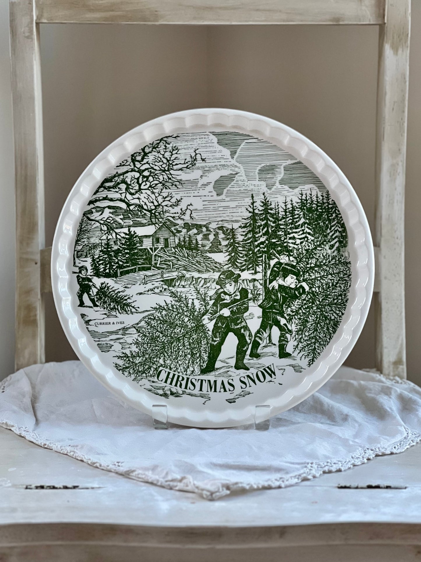 Darling Vintage “Christmas Snow” Currier & Ives Serving Tray / Cookie Plate, 11.5”