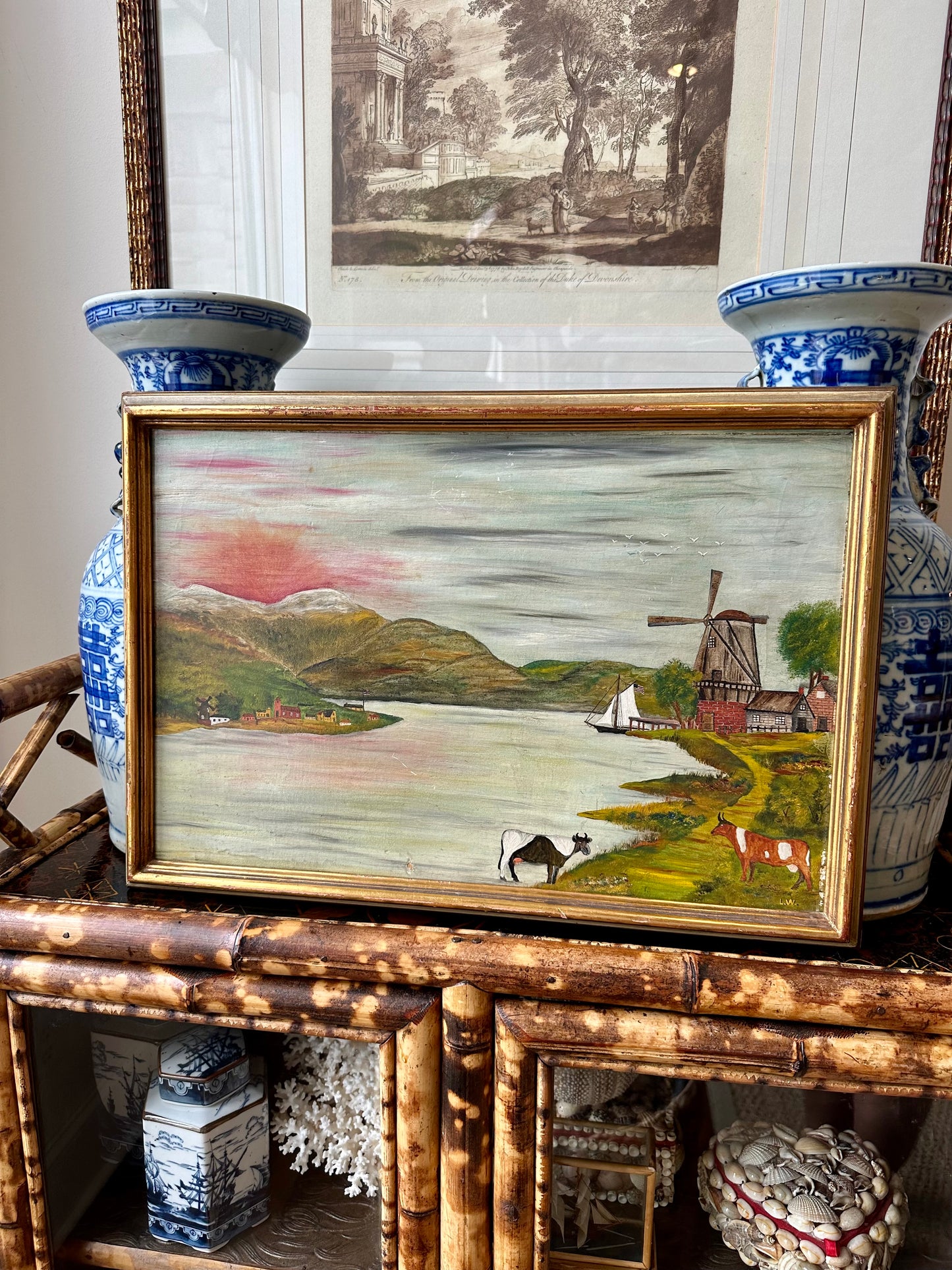 Sweet Antique Oil Painting on Board Sailboats, Cows and Town