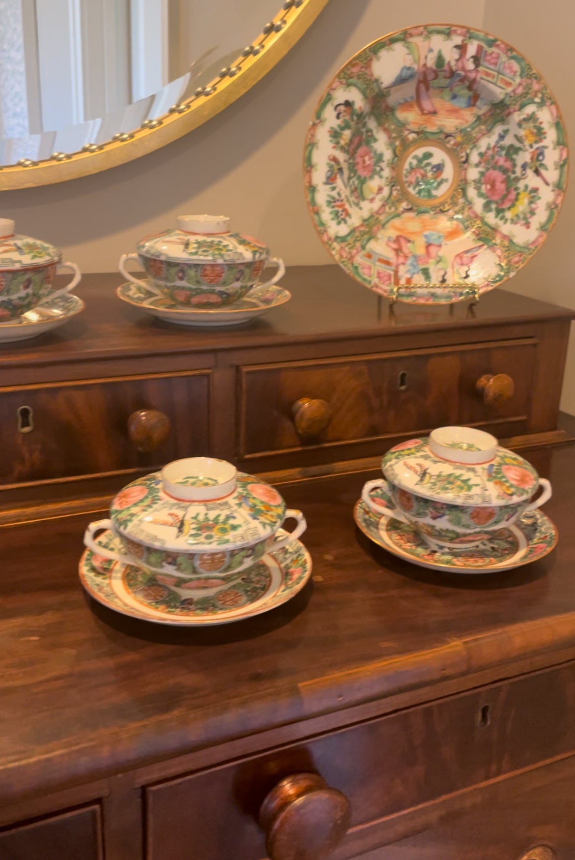 Antique Set of 4 Rose Canton Double Handled Teacups or Rice Bowls with Saucers & Lids - Mint Condition