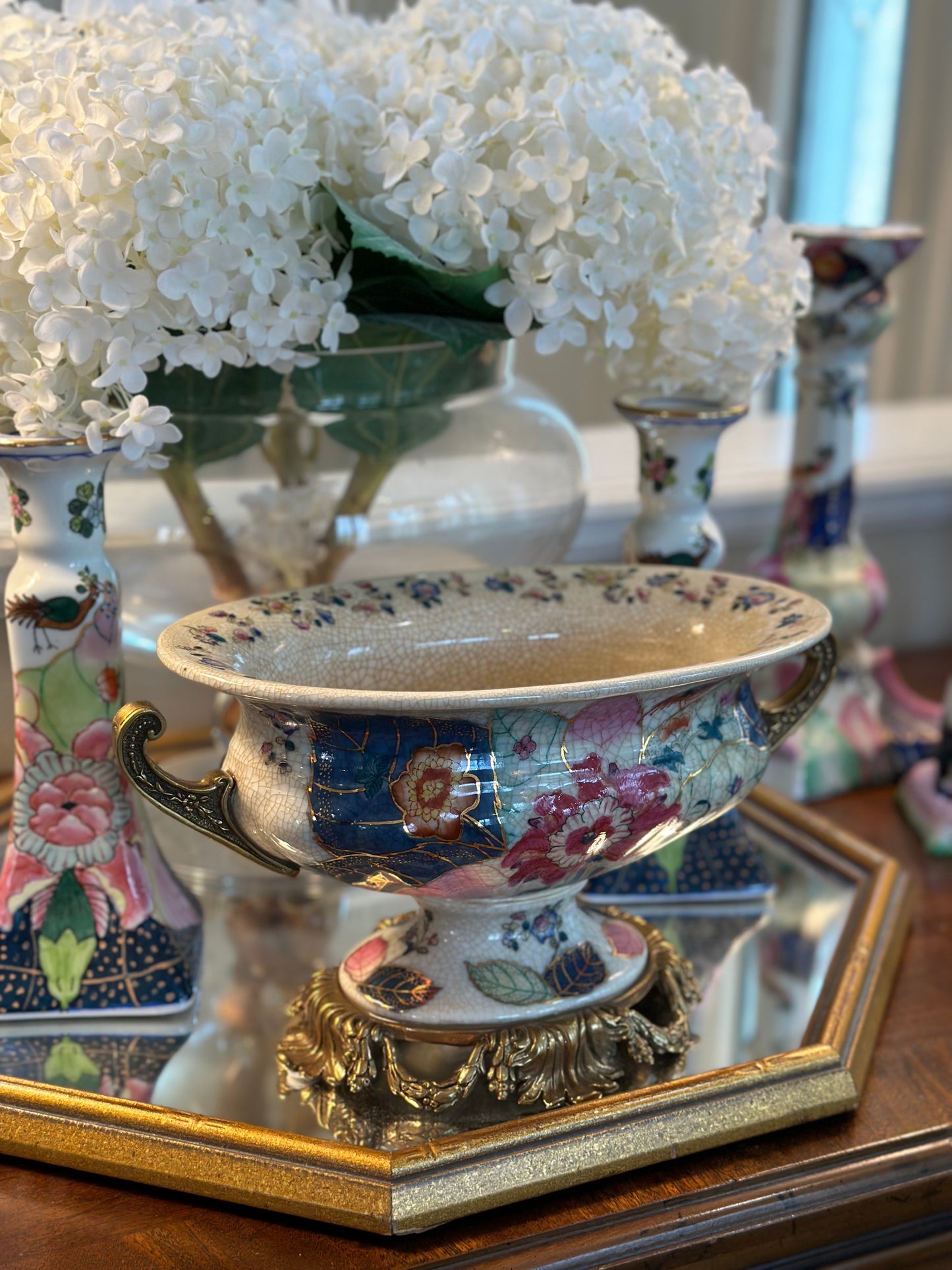 Stunning! Large Porcelain Tobacco Leaf pedestal urn W/ bronze detailing. Measures: 12Lx6Wx7H