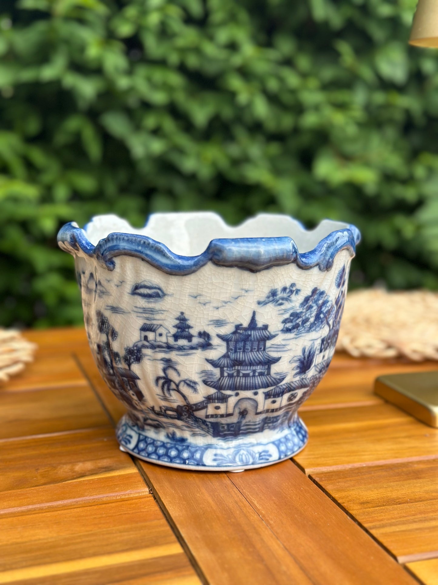 Hand painted Blue & White Pagoda Porcelain Cachepot, 8L X 8W X 6H