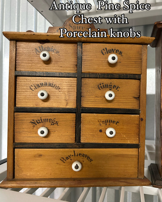 Antique Pine Spice Box with Porcelain Knobs