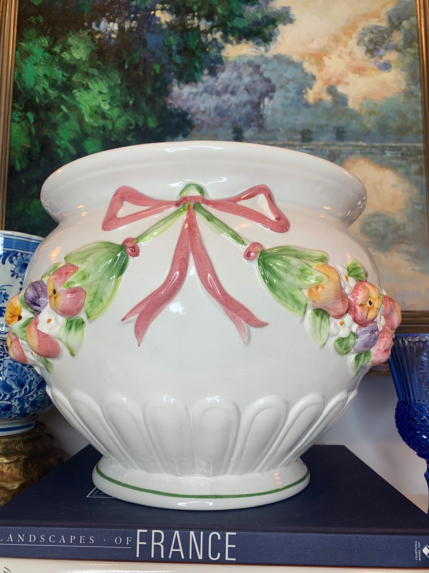 Large White Jardiniere with Bow and Floral Detail