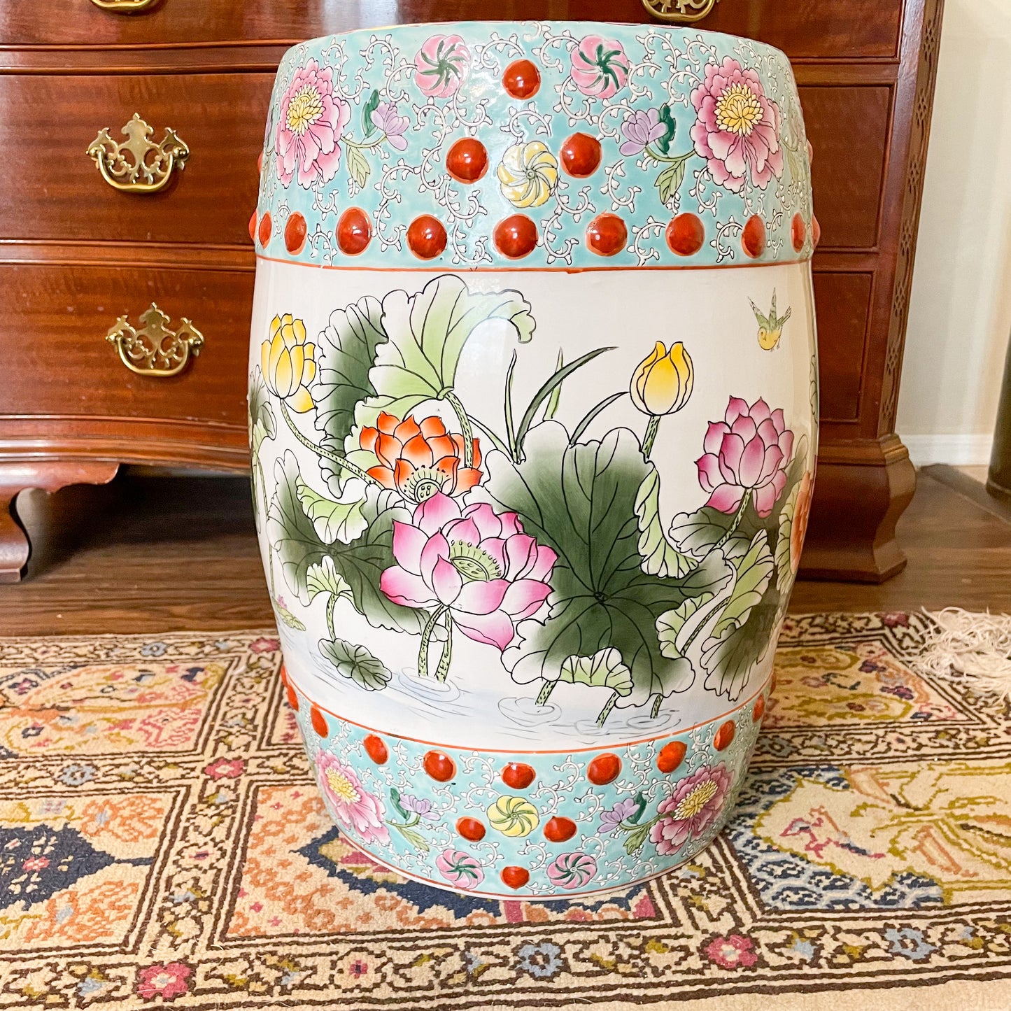 Turquoise Famille Rose Garden Stool Vintage, 18.5”x12”