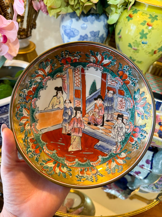 Rose Medallion Brass Backed Bowl Vintage