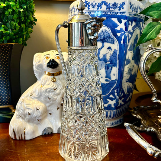 Delightful Baccas Vintage aged silver plate & crystal tall lidded pitcher vase