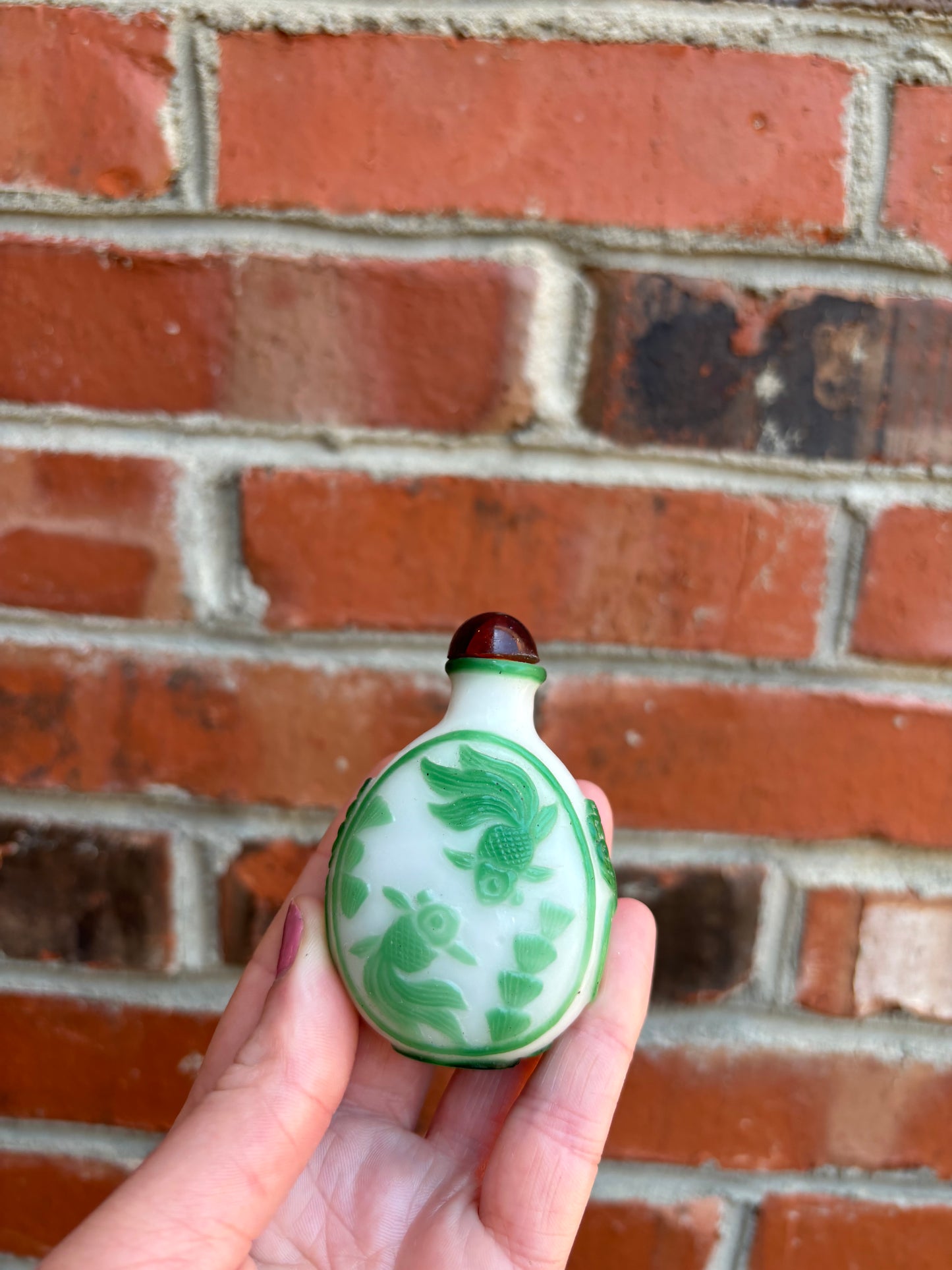 Collectible Chinese Snuff bottle with green overlay and fish!