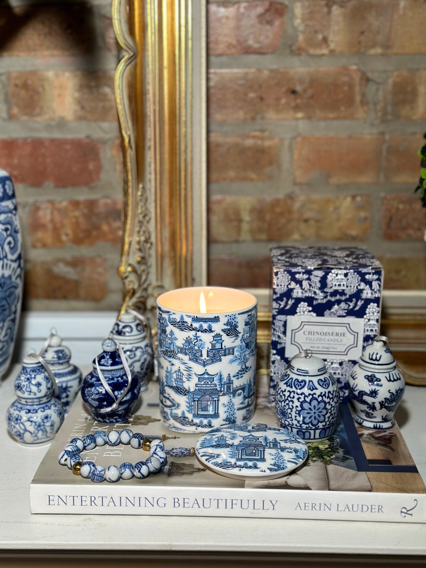 Blue & White Chinoiserie 3-Piece Gift Set: Candle, Bracelet, Ginger Jar Pack