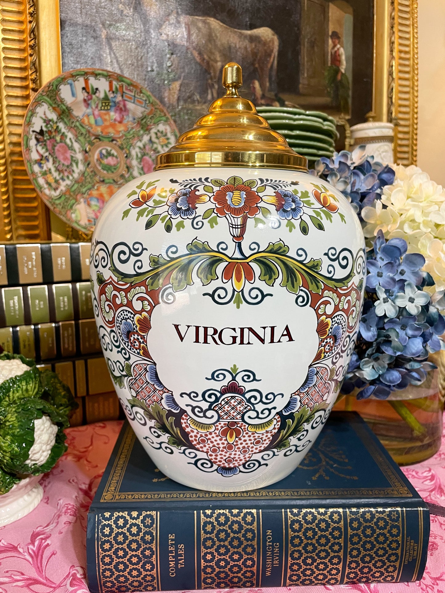 Large Delft Polychrome “Virginia” Tobacco Jar with Brass Lid