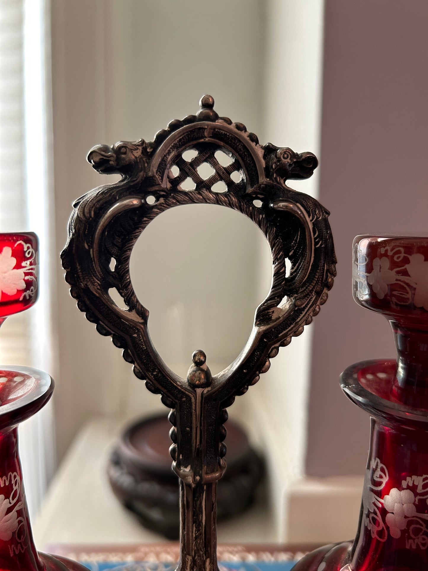 Antique Ruby Glass Hand Engraved Cruet Set