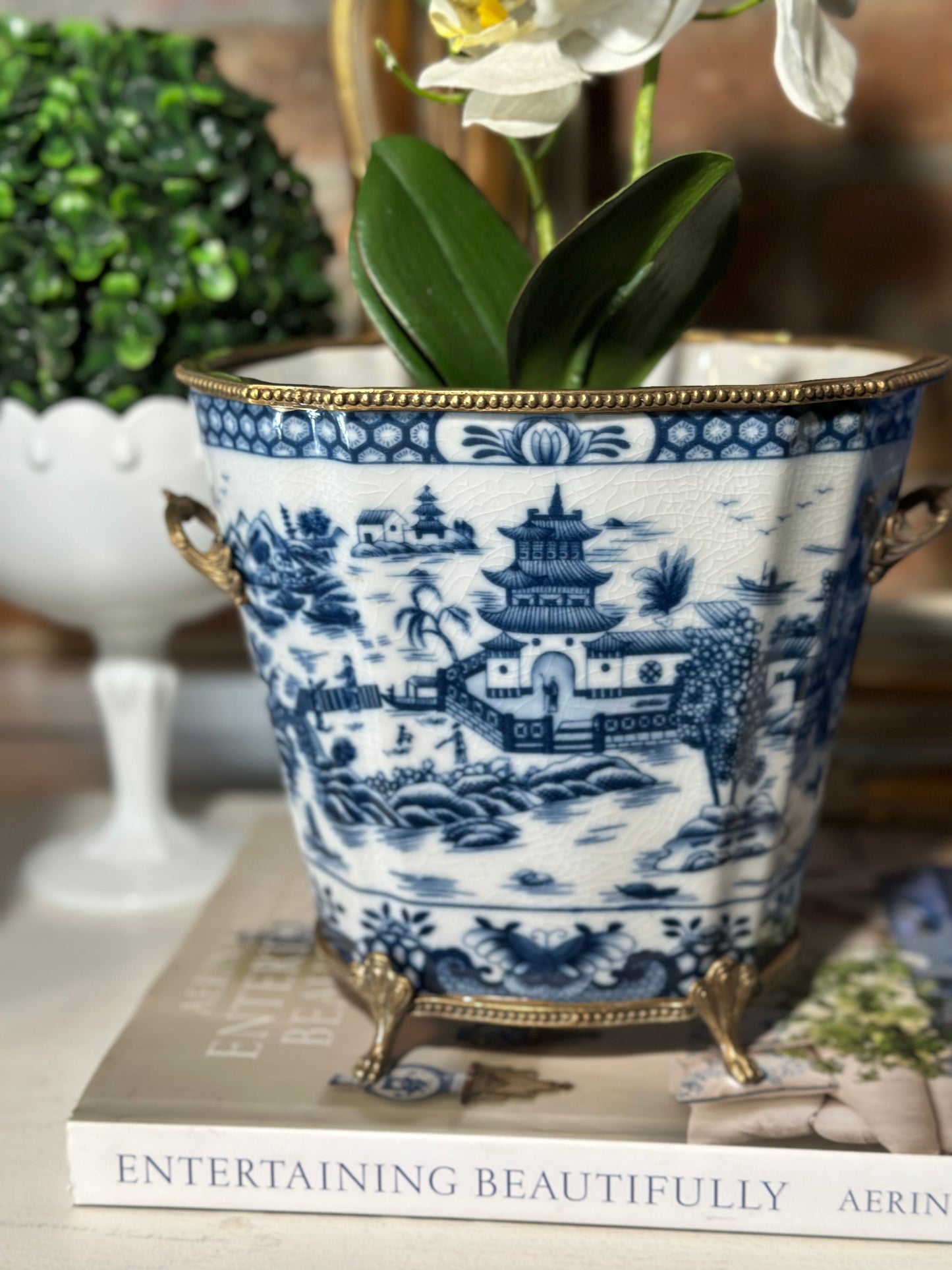 STORY SALE - Blue & White Porcelain Planter W/ Bronze Footings & Details, 7.5" Tall