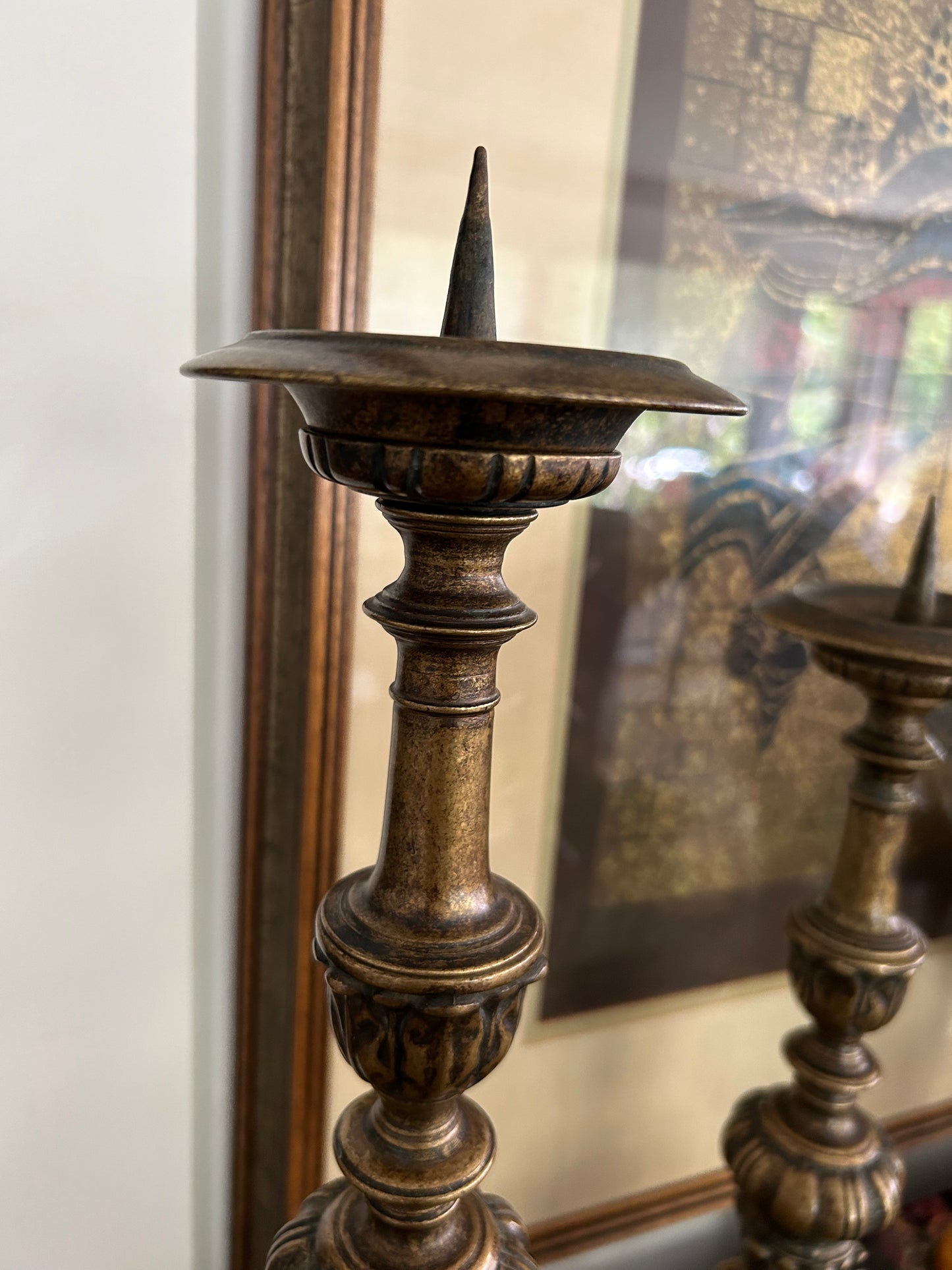 Pair of Very Heavy Brass/Bronze Candlesticks 17” Tall