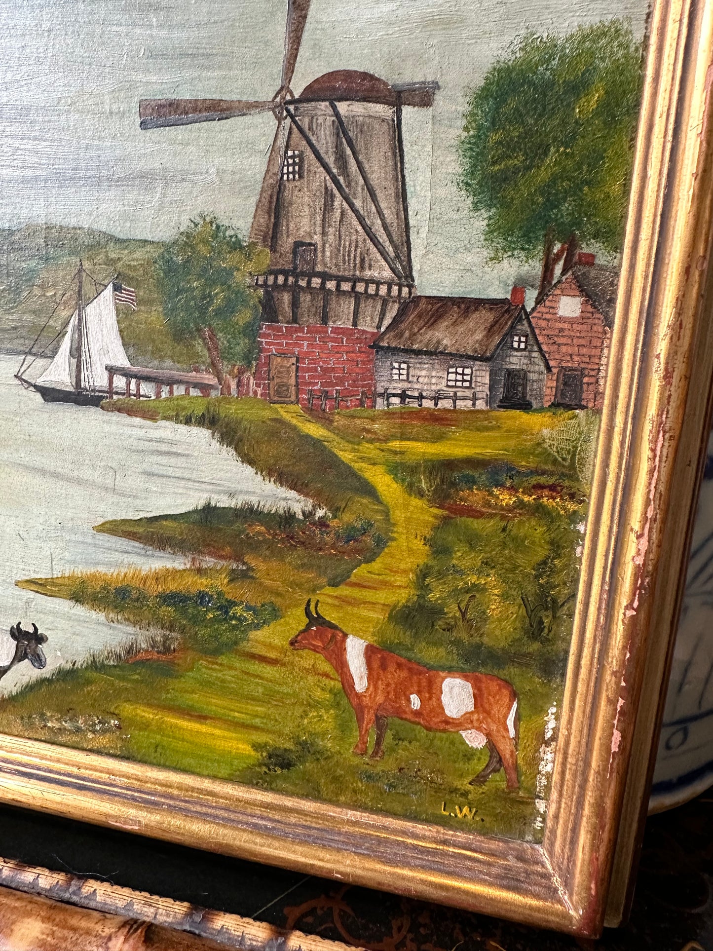 Sweet Antique Oil Painting on Board Sailboats, Cows and Town