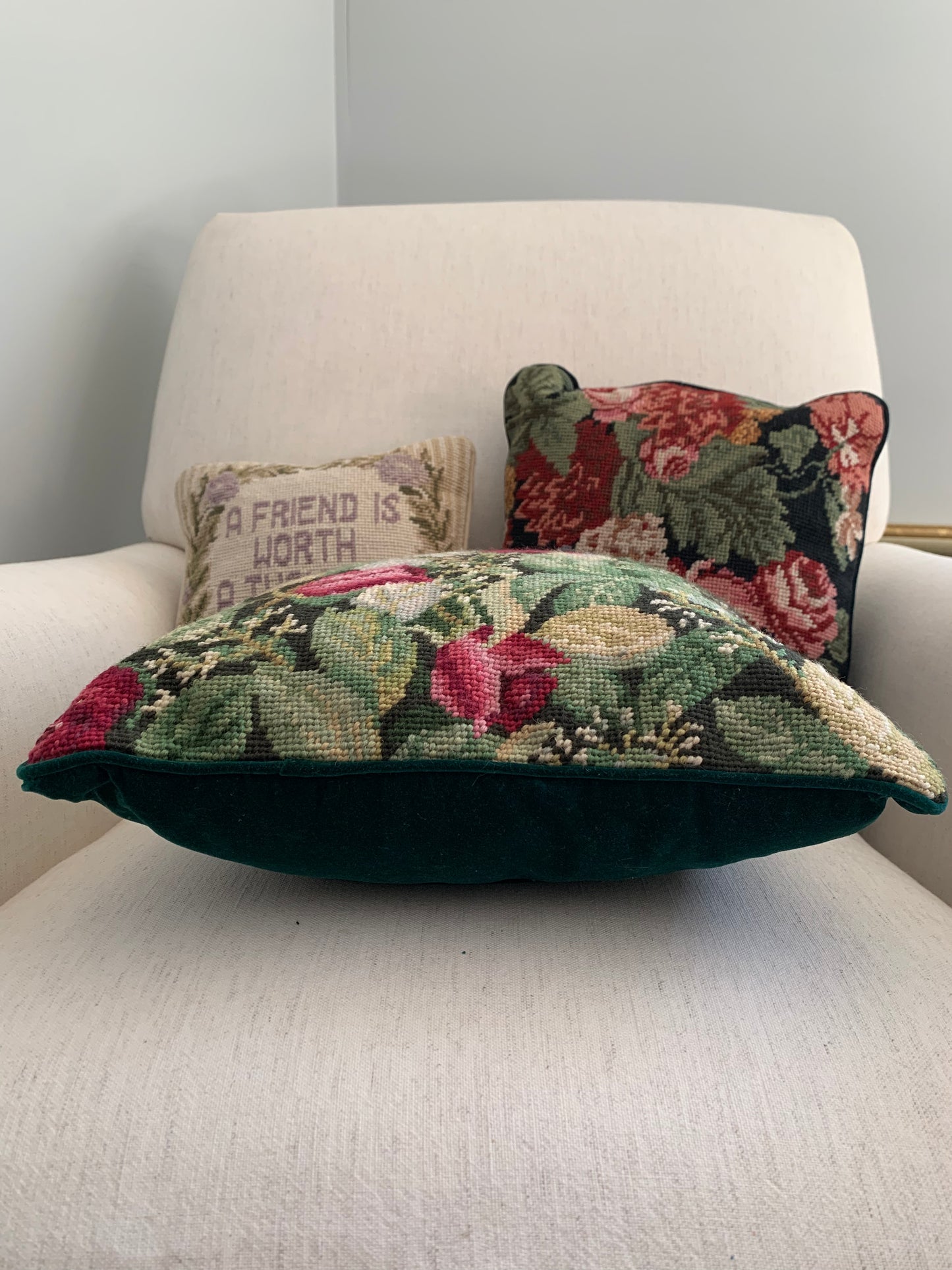 Rose Floral and Green Leaf Needlepoint Pillow with Green Velvet Backing