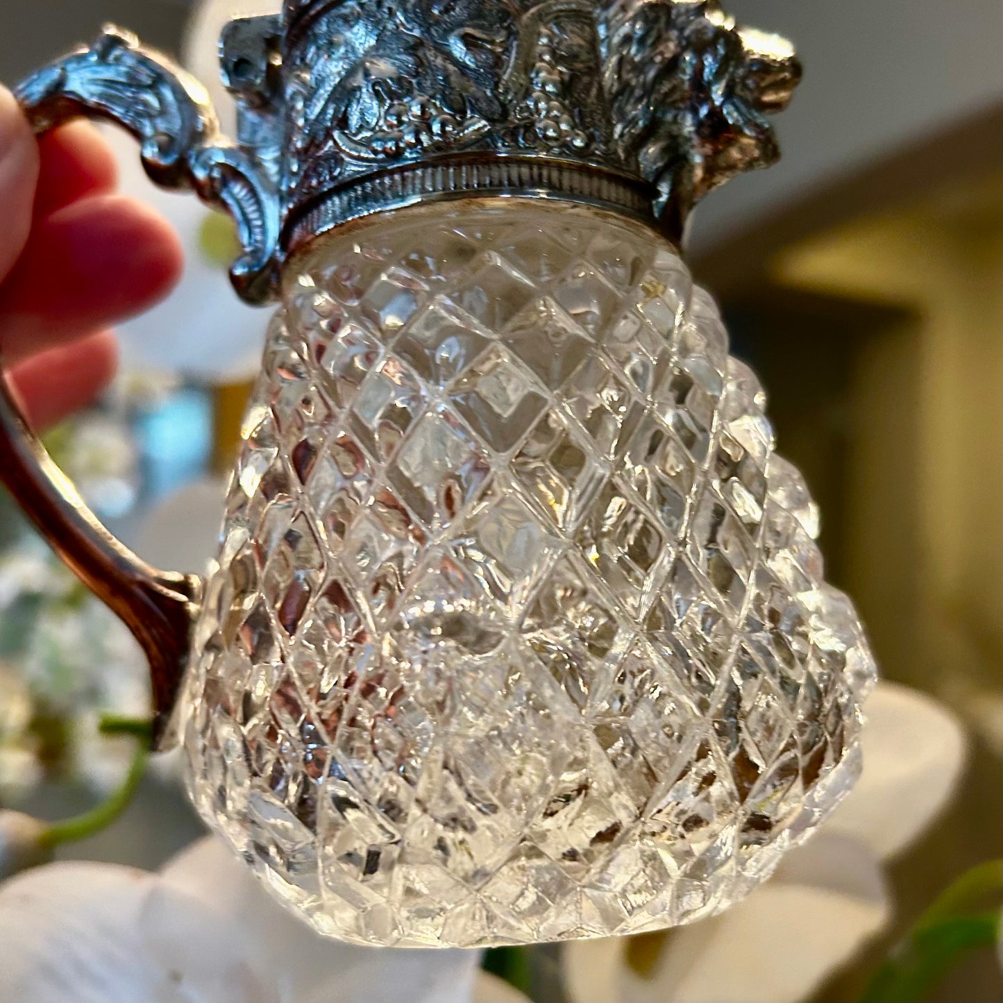 Precious lion head Vintage aged silver plate & crystal tall lidded pitcher vase