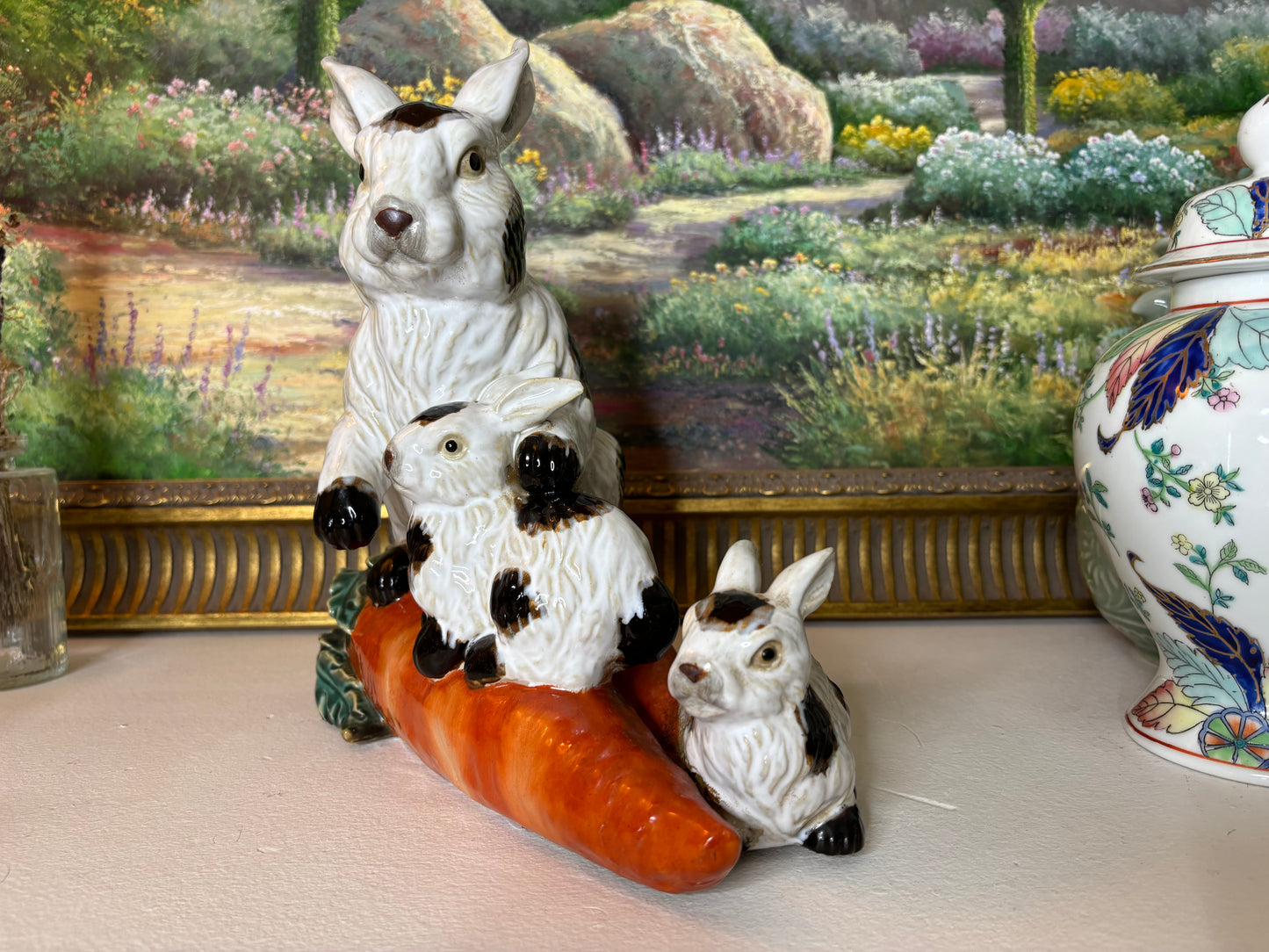 Absolutely adorable Majolica bunny with babies sitting on a carrot! - Excellent condition!