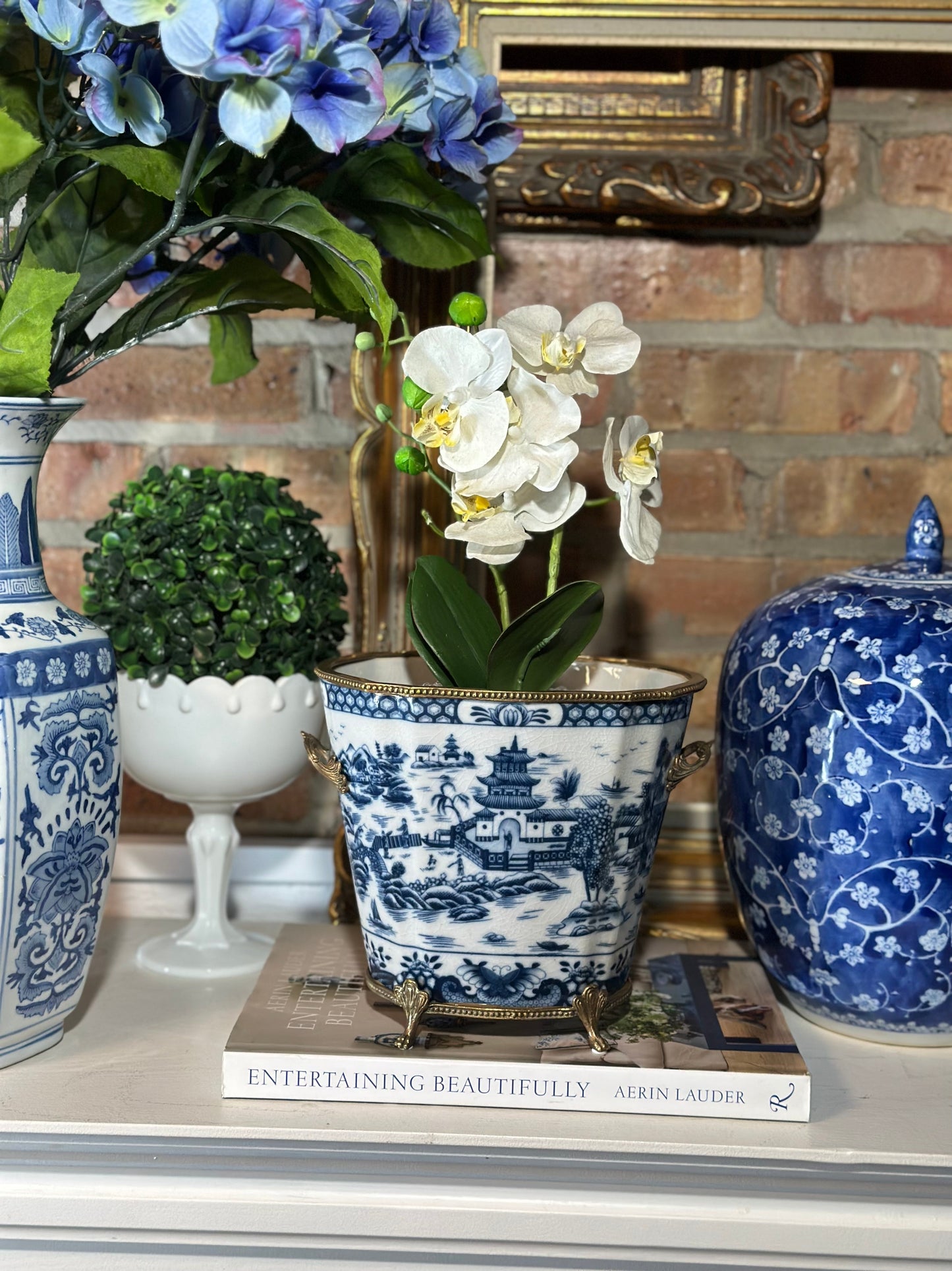 STORY SALE - Blue & White Porcelain Planter W/ Bronze Footings & Details, 7.5" Tall