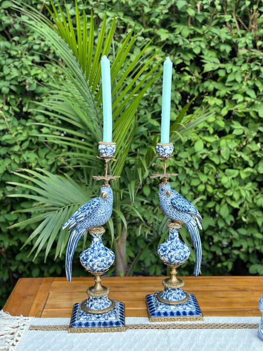 STUNNING- 21” Blue & White Bronze Bird pair Candle holders (2) Pair