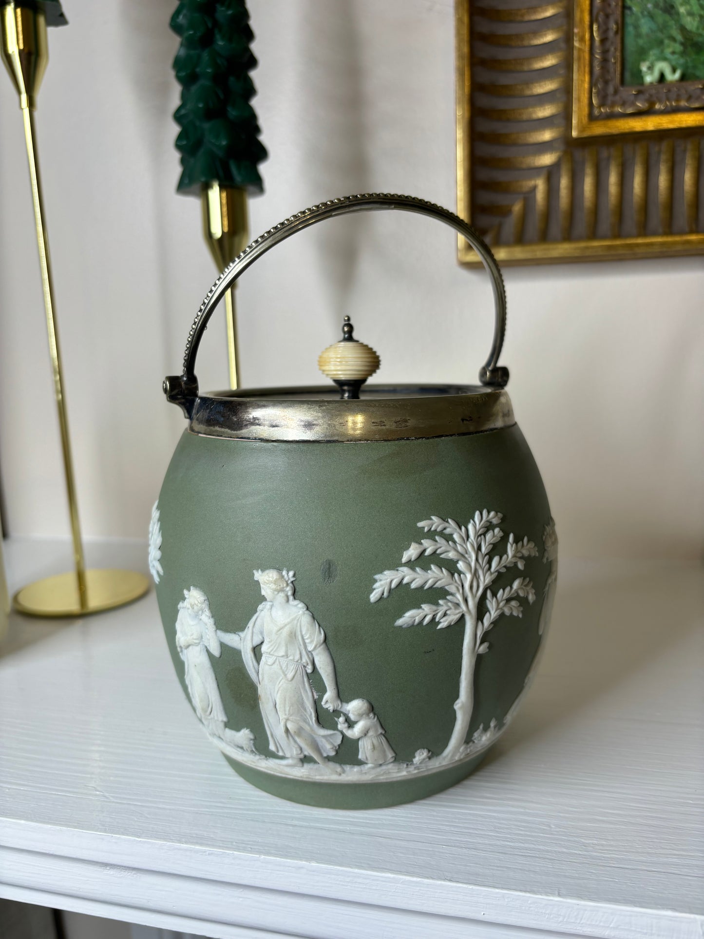 Vintage Green Jasperware Biscuit Barrel!