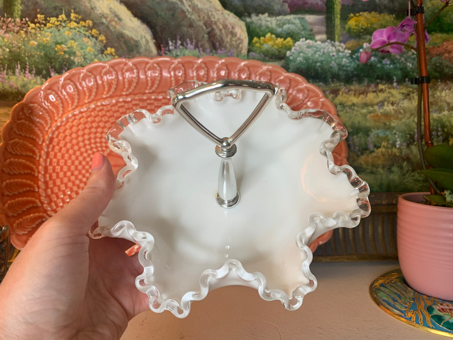 Fenton ruffled serving dish with handle! - Excellent condition!