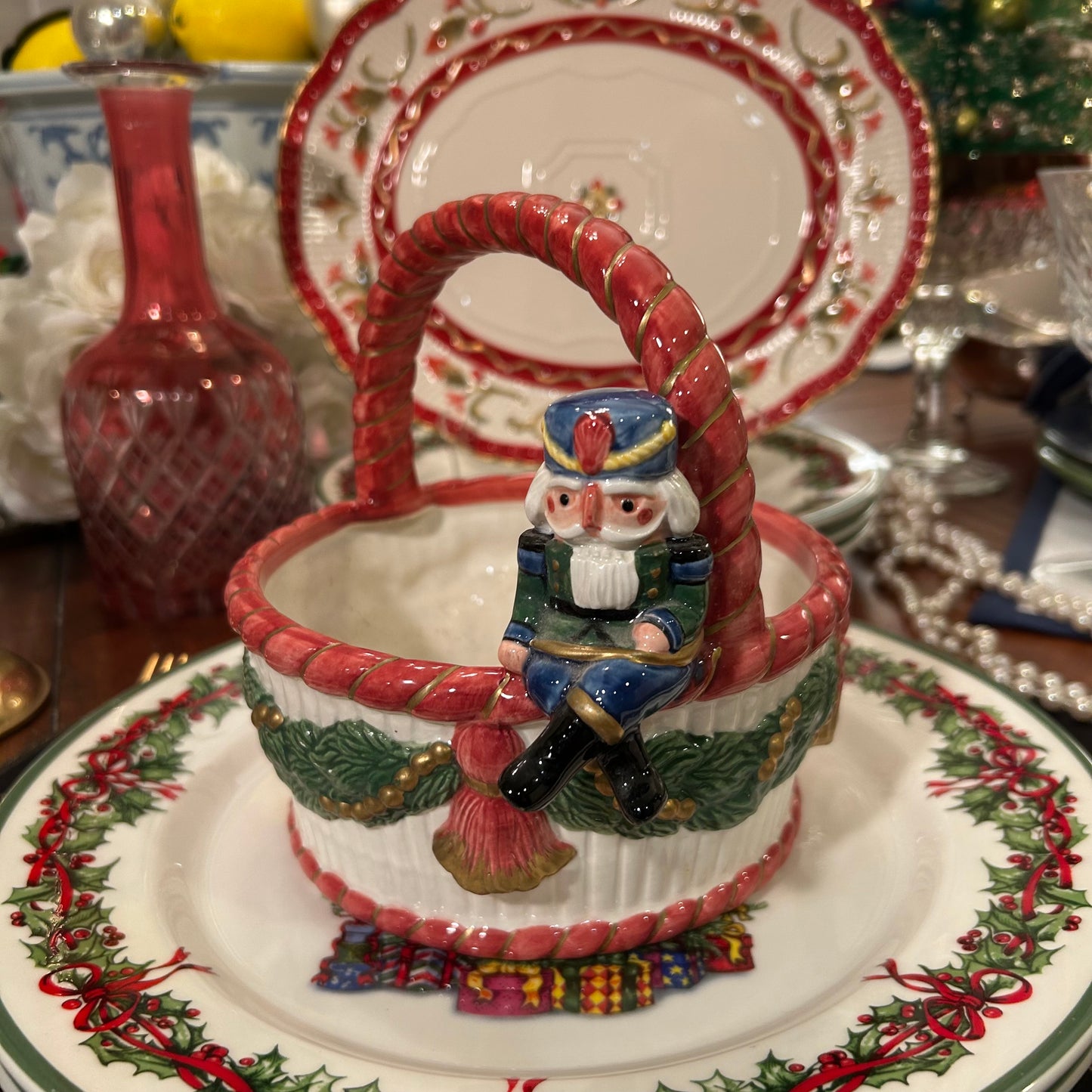 Vintage Fitz & Floyd Nutcracker & tassels Christmas holiday candy dish