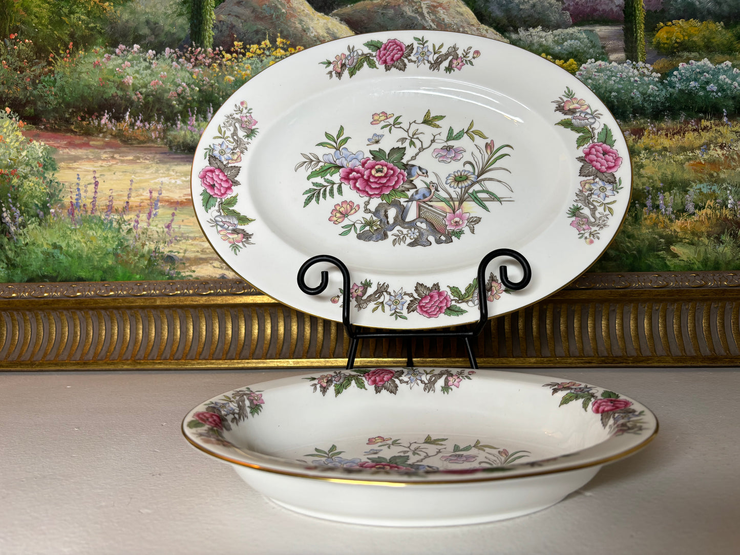 Vintage Wedgwood Cathey platter and Serving Bowl with Gorgeous florals and birds! - Excellent condition!