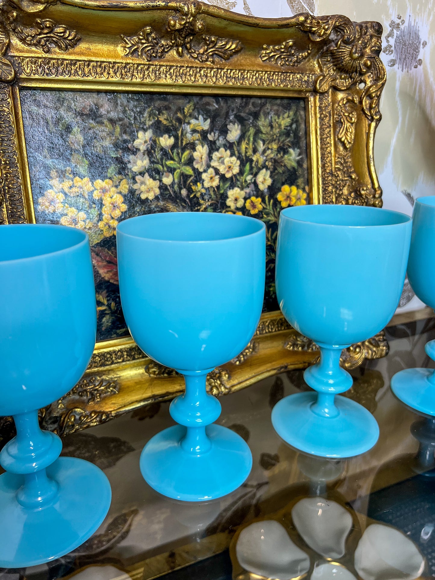 Set of Four Portieux Vallersythal Blue Opaline Water/Wine Goblets