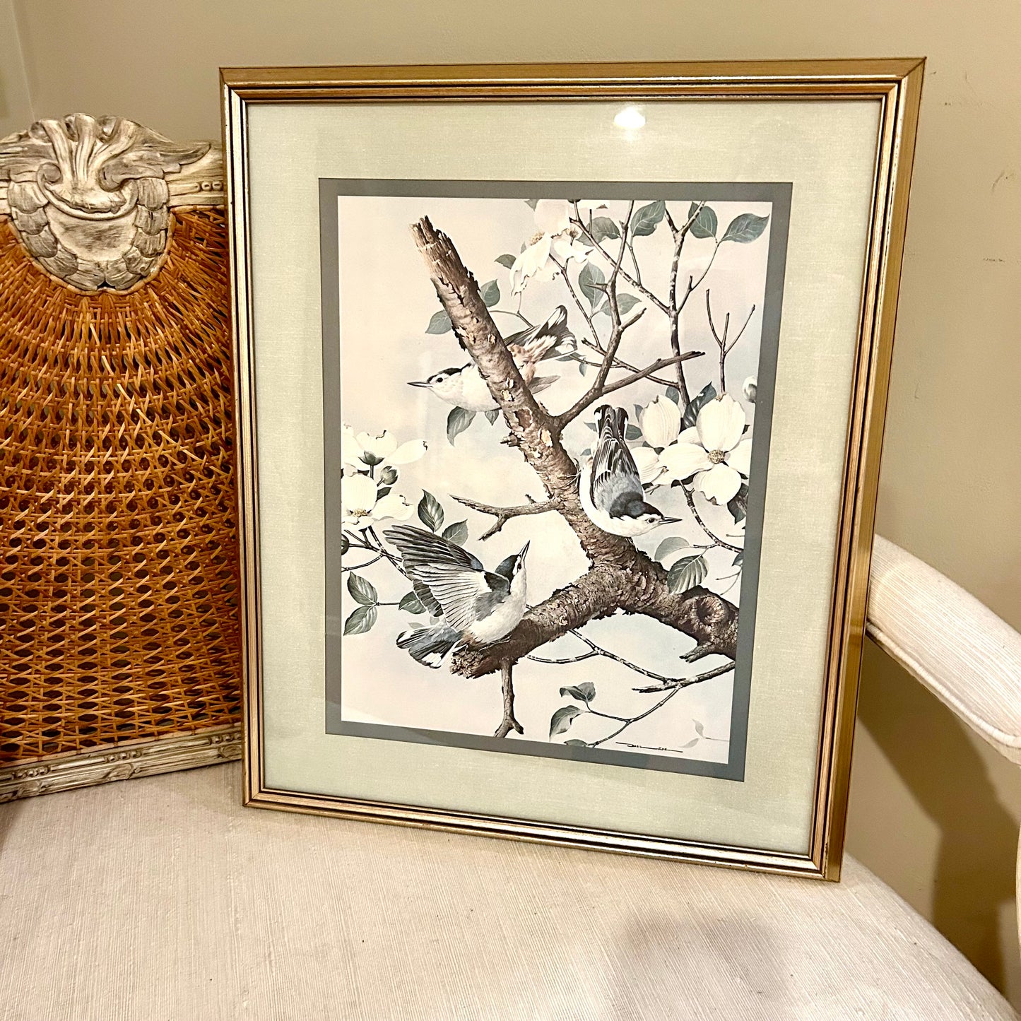 lovely vintage Audubon inspired bird and botanicals color print wall art by artist Basil