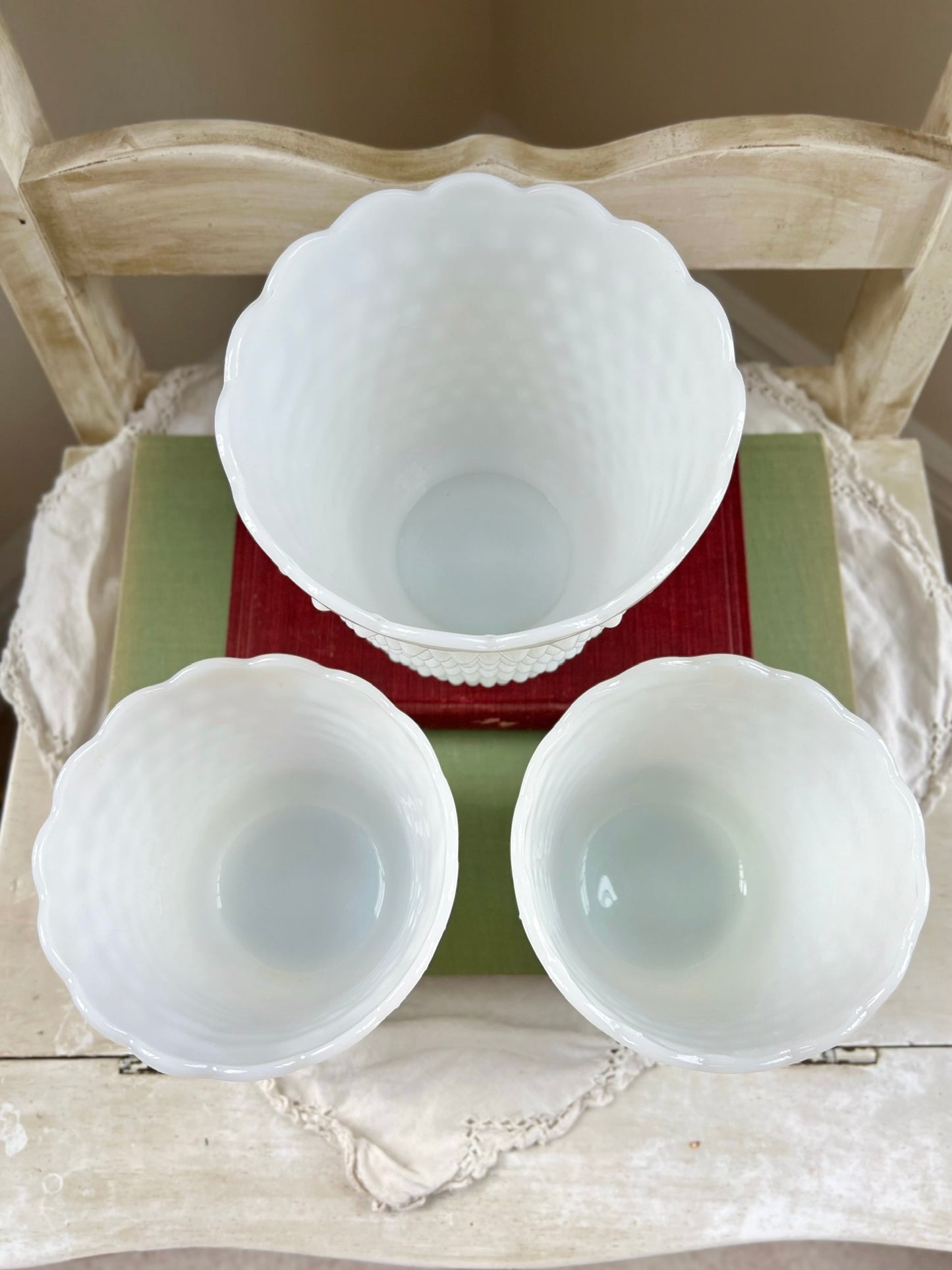 Set (3) Vintage Milk Glass Planters with Hobnail Design & Scalloped Edges