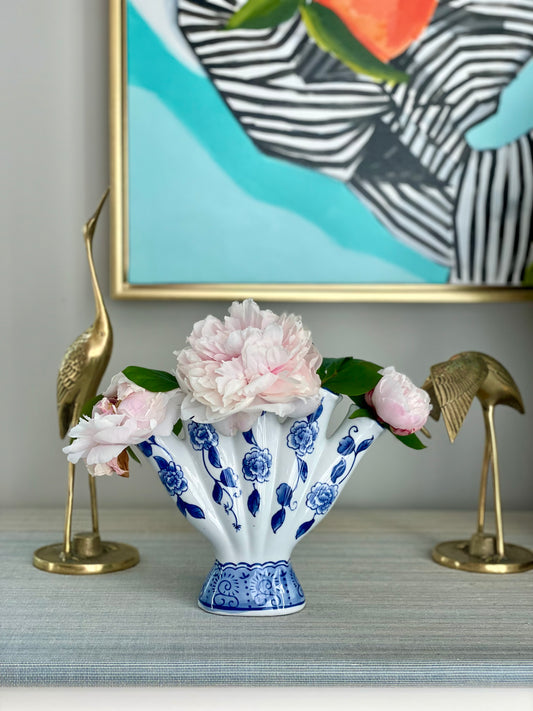 Vintage 5 Finger Blue & White 8” Vase - Pristine!