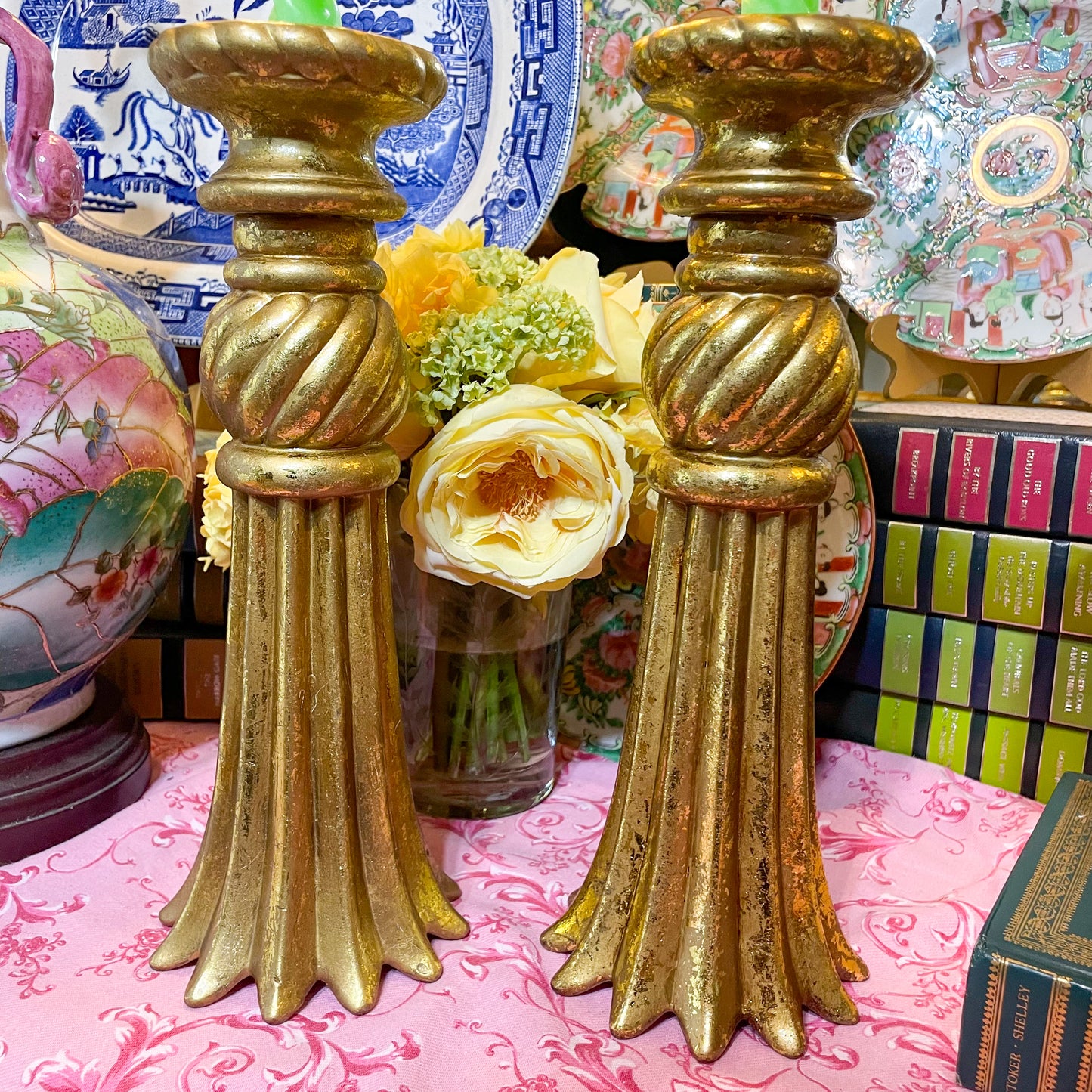 Reserved Pair Gilt Ceramic Candlesticks