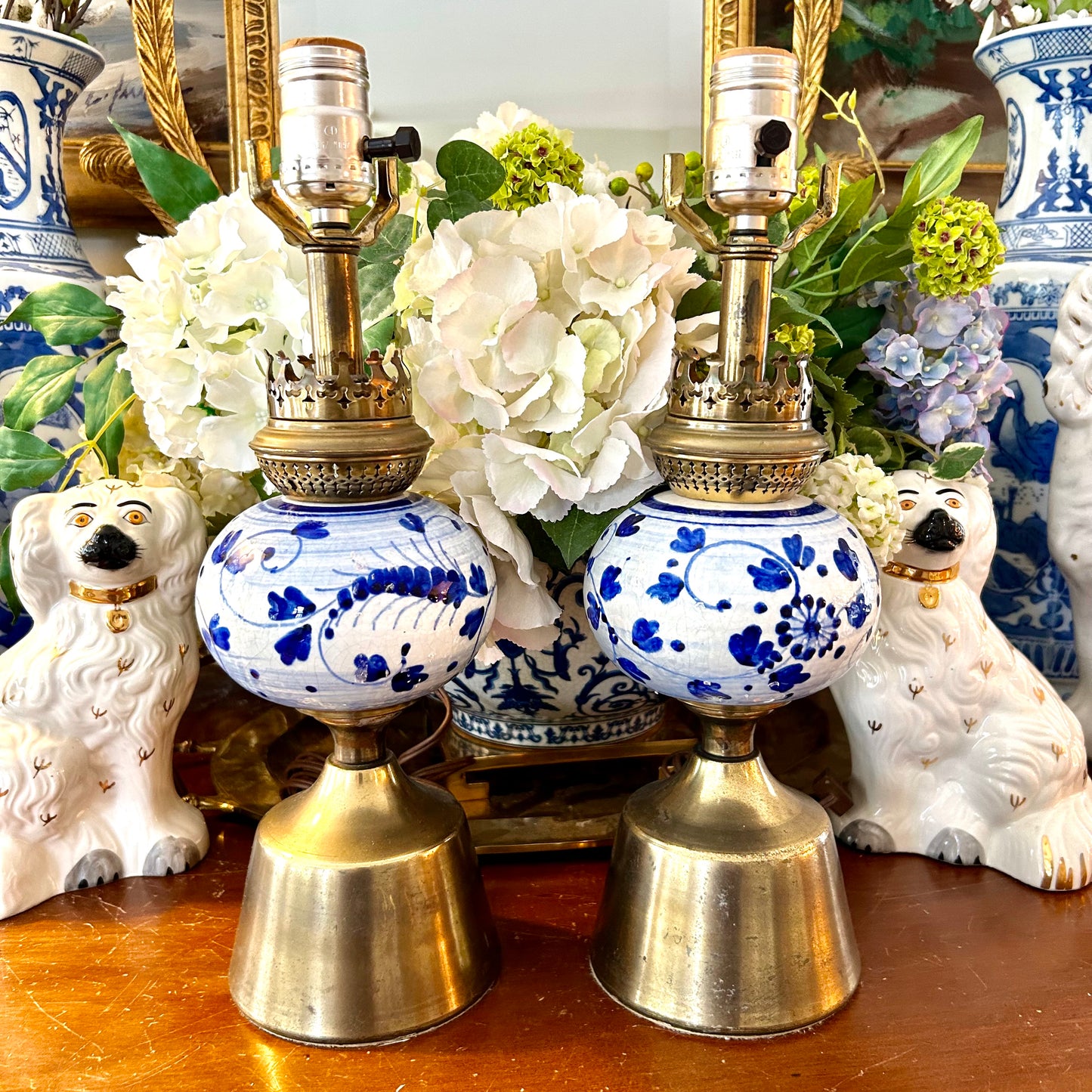 Pair older Vintage brass  blue and white porcelain Lamps