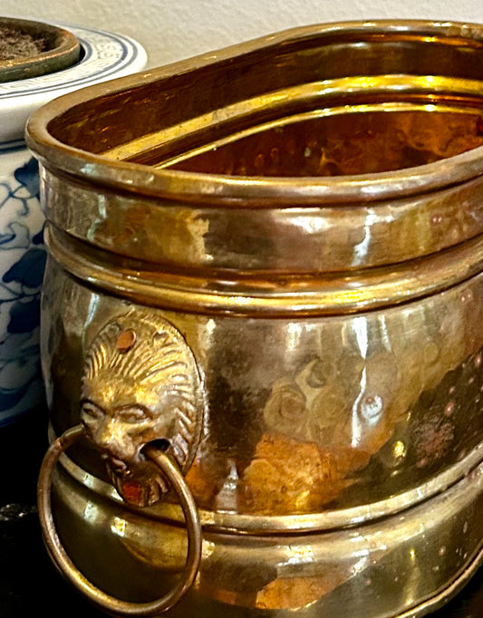 Vintage brass lion head planter cache pot