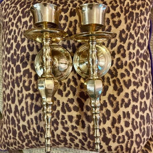 Pair of vintage brass shiny patina candle holder swirl  wall sconces