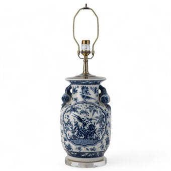 Stunning! 17Lx17Wx 28H Blue & White B/W Birds & Floral lamp, Acrylic Base, Shade is included