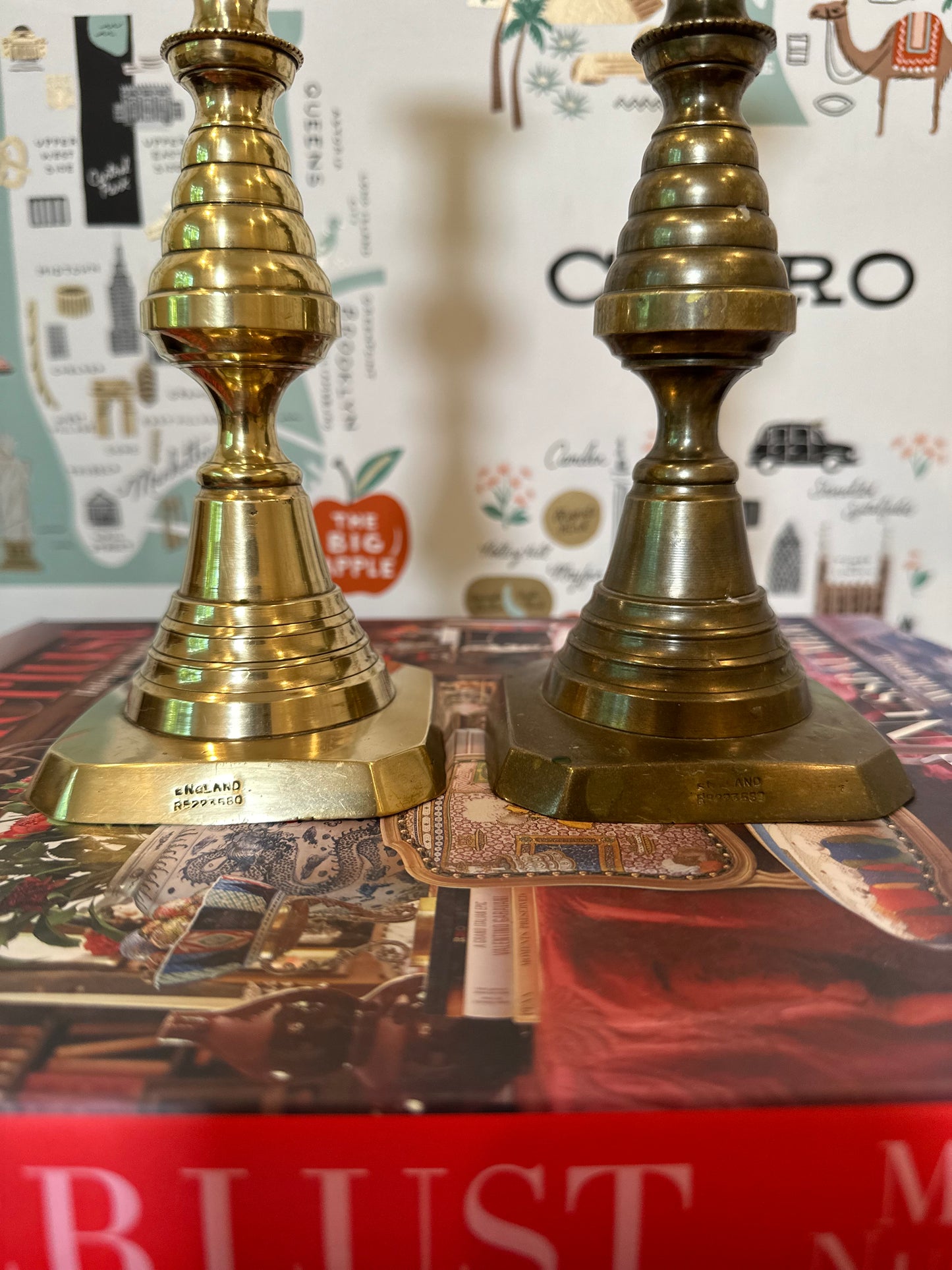 Late 19th Century Victorian Pair of Brass Beehive Candlesticks, Made in England, 9.75”