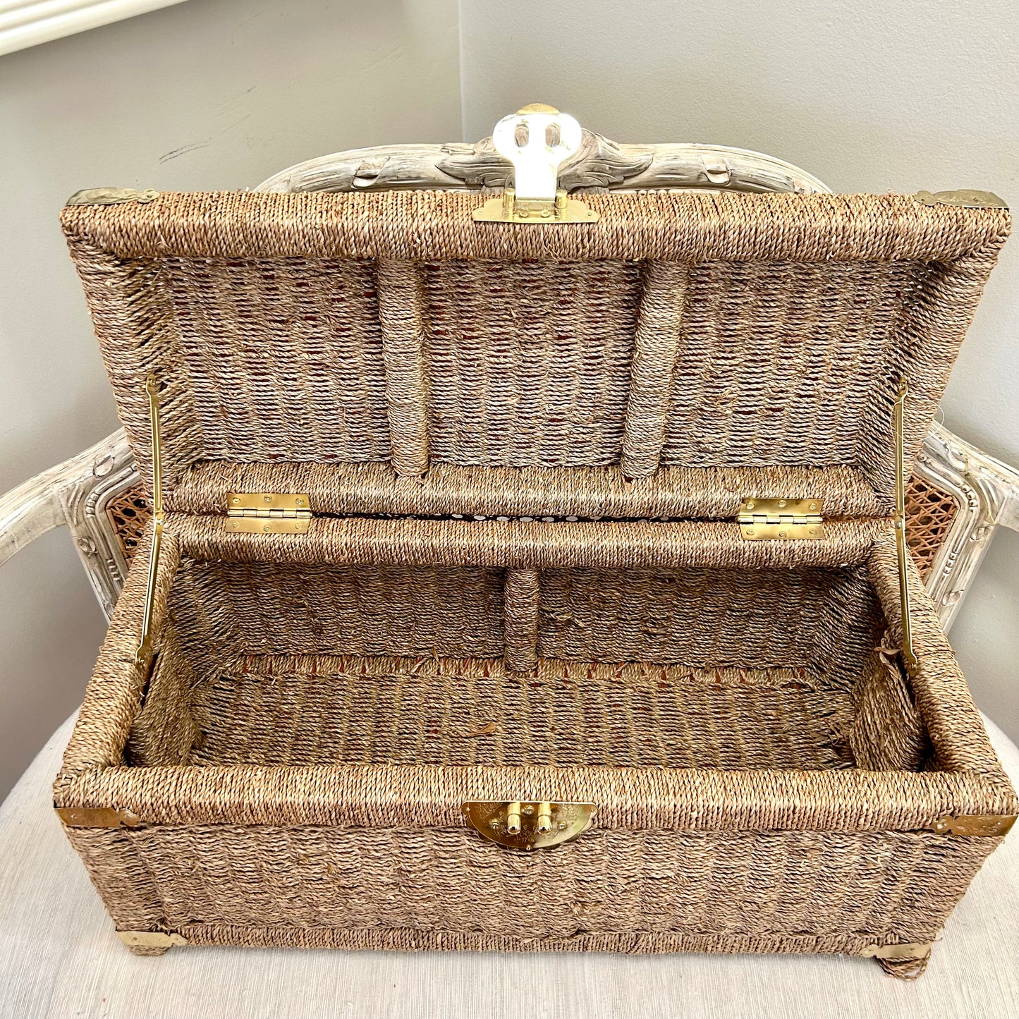 Chinoiserie chic brass and rattan storage chest trunk