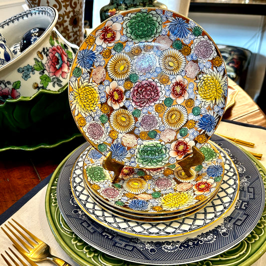 Rare set of 4 chrysanthemum stamped hand painted salad plates