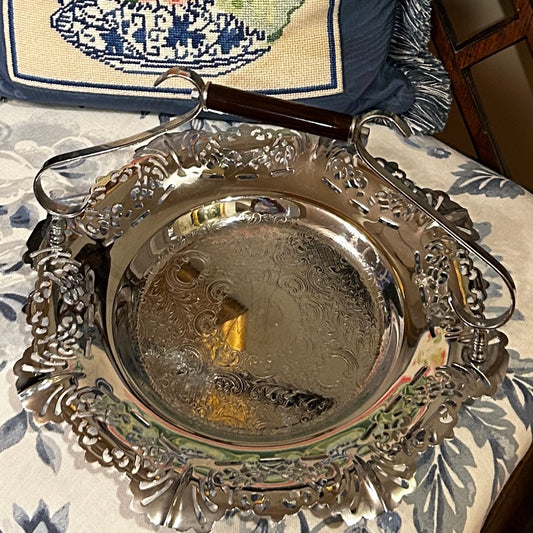 gorgeous round reticulated silver plate wedding basket & platter.